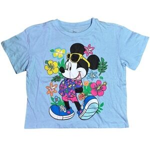 Disney Mickey Mouse Hawaiian Floral Graphic Tee Blue Womens Small NWT‎